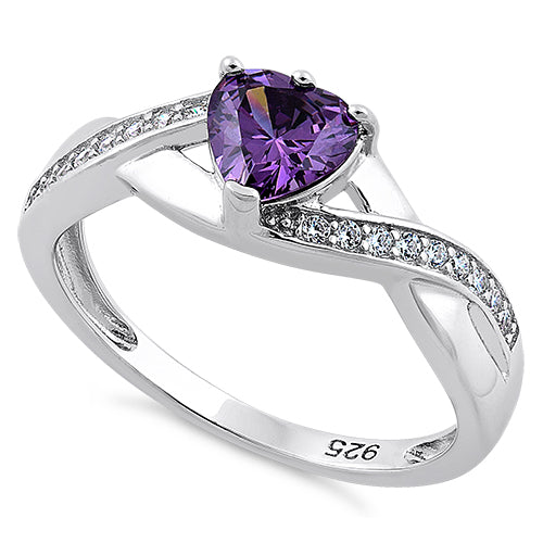 Sterling Silver Amethyst Heart String CZ Ring