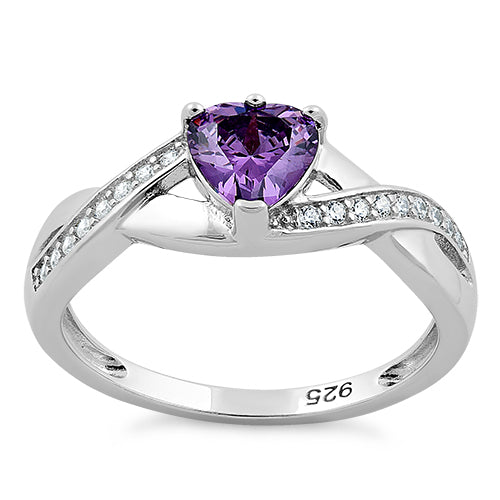 Sterling Silver Amethyst Heart String CZ Ring