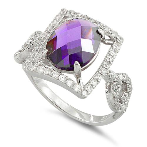 Sterling Silver Amethyst Oval Framed CZ Ring