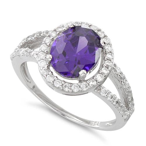 Sterling Silver Amethyst Oval Halo CZ Ring