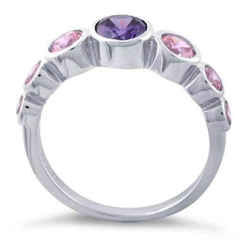 Sterling Silver Amethyst & Pink Seven Stone Round CZ Ring