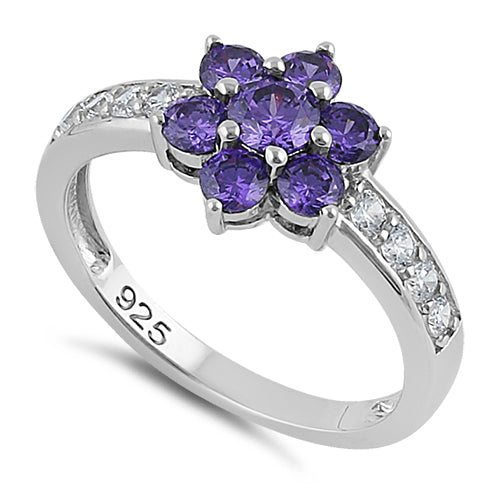 Sterling Silver Amethyst Plumeria Flower CZ Ring