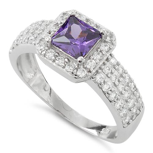 Sterling Silver Amethyst Princess Cut Pave CZ Ring