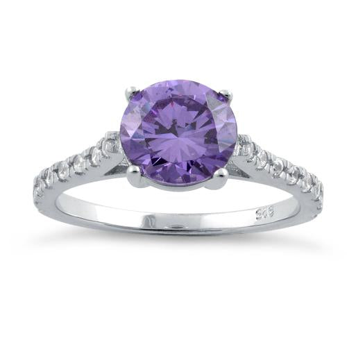 Sterling Silver Amethyst Round Cut Engagement CZ Ring