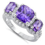 Sterling Silver Purple 3 Stone Halo CZ Ring