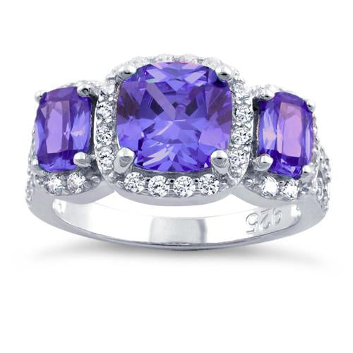 Sterling Silver Amethyst Three Stone Halo CZ Ring