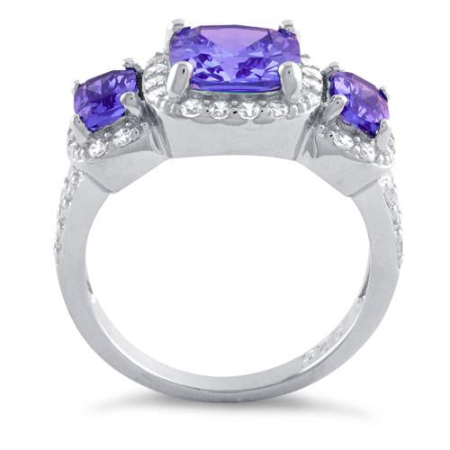 Sterling Silver Amethyst Three Stone Halo CZ Ring