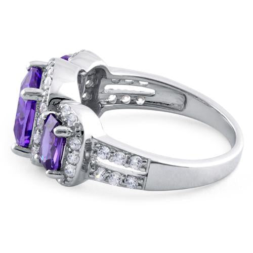 Sterling Silver Amethyst Three Stone Halo CZ Ring