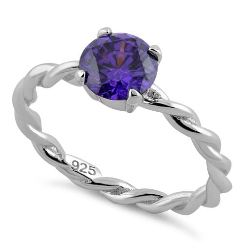 Sterling Silver Amethyst Twisted Band CZ Ring