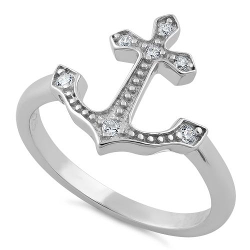 Sterling Silver Anchor Clear CZ Ring