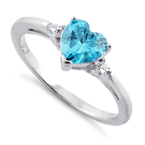 Sterling Silver Aqua Heart CZ Ring