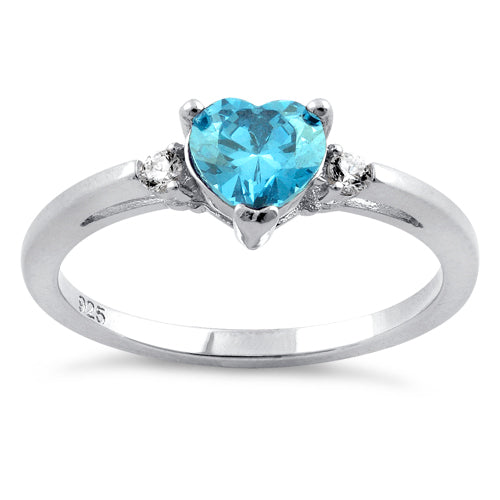 Sterling Silver Aqua Heart CZ Ring