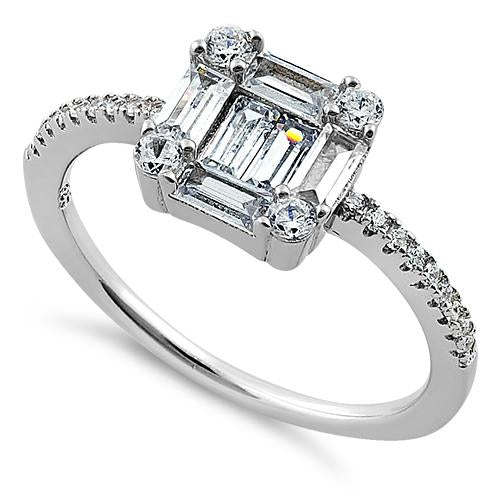 Sterling Silver Baguette Straight & Round Clear CZ Ring