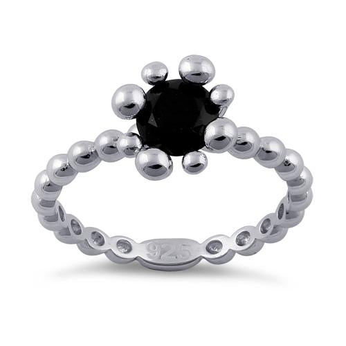 Sterling Silver Beaded  Black Round CZ Ring
