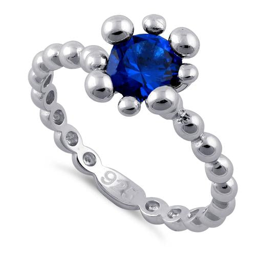 Sterling Silver Beaded Blue Spinel Round CZ Ring