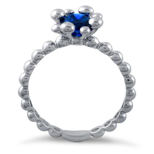 Sterling Silver Beaded Blue Spinel Round CZ Ring