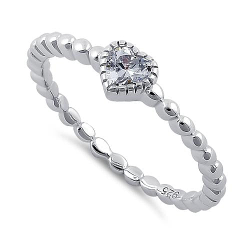 Sterling Silver Beaded Clear Heart CZ Ring