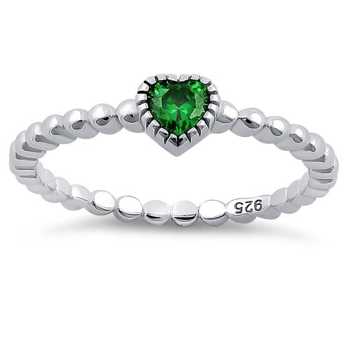 Sterling Silver Beaded Emerald Heart CZ Ring