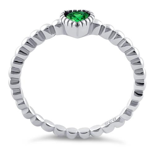 Sterling Silver Beaded Emerald Heart CZ Ring