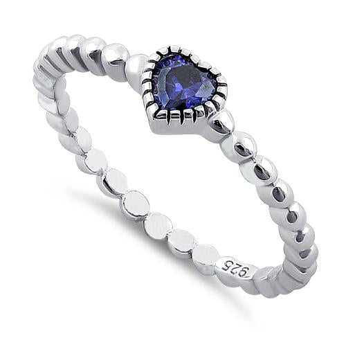 Sterling Silver Beaded Tanzanite Heart CZ Ring