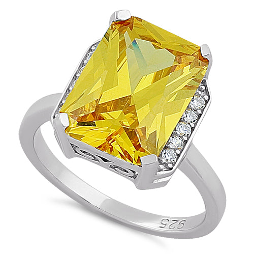 Sterling Silver Big Yellow Rectangle CZ Ring