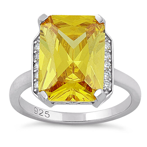 Sterling Silver Big Yellow Rectangle CZ Ring