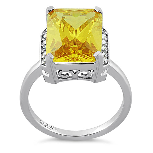 Sterling Silver Big Yellow Rectangle CZ Ring