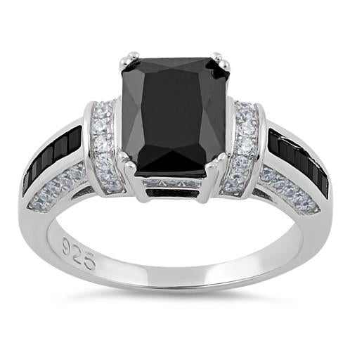 Sterling Silver Black Emerald Cut Black CZ Ring