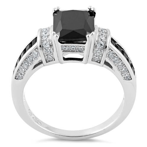 Sterling Silver Black Emerald Cut Black CZ Ring