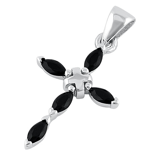 Sterling Silver Black Marquise Stone Cross CZ Pendant