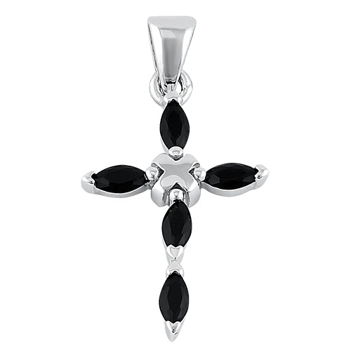 Sterling Silver Black Marquise Stone Cross CZ Pendant
