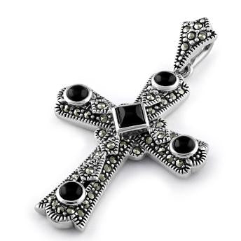 Sterling Silver Black Onyx Cross Marcasite Pendant