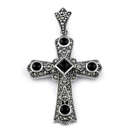 Sterling Silver Black Onyx Cross Marcasite Pendant