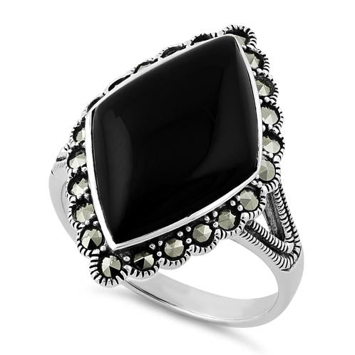 Sterling Silver Black Onyx Diamond Shape Marcasite Ring