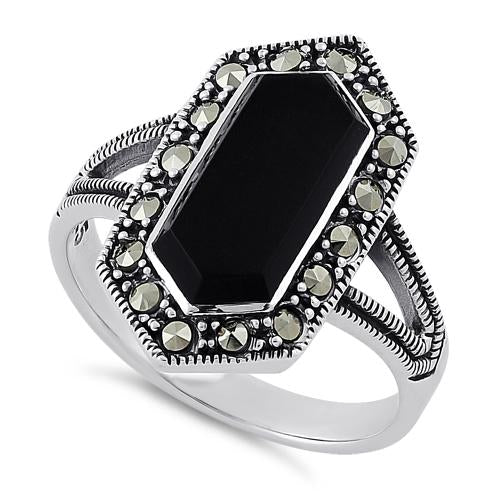 Sterling Silver Black Onyx Diamond Shaped Marcasite Ring