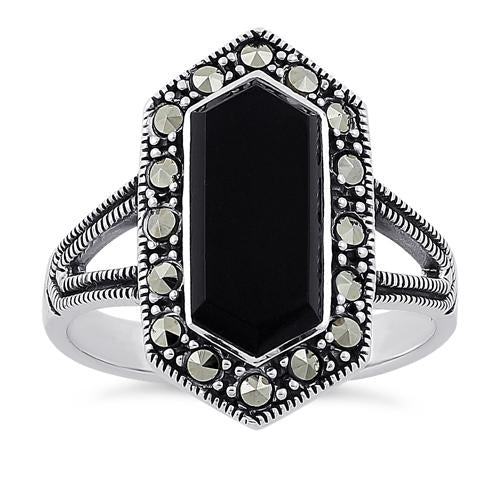 Sterling Silver Black Onyx Diamond Shaped Marcasite Ring