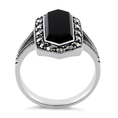 Sterling Silver Black Onyx Diamond Shaped Marcasite Ring