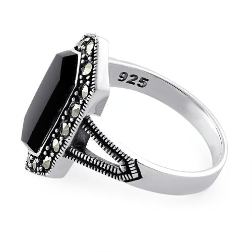 Sterling Silver Black Onyx Diamond Shaped Marcasite Ring