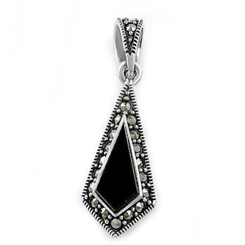 Sterling Silver Black Onyx Drop Marcasite Pendant