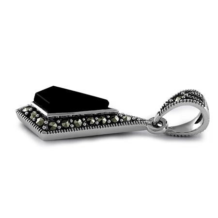 Sterling Silver Black Onyx Drop Marcasite Pendant