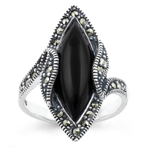 Sterling Silver Black Onyx Marquise Marcasite Ring