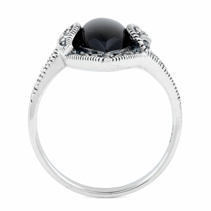 Sterling Silver Black Onyx Marquise Marcasite Ring