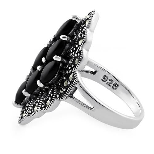 Sterling Silver Black Onyx Marquise Marcasite Ring