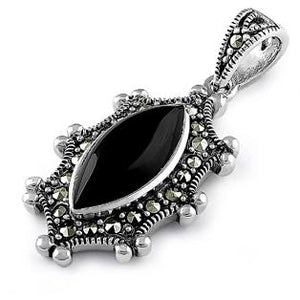 Pendentif Ancien En Onyx Noir Et Marcassite - Bijou Fantaisie Vintage à Clip