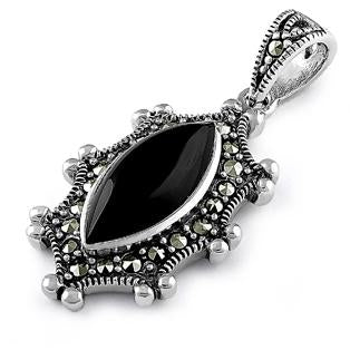 Sterling Silver Black Onyx Oval Marcasite Pendant