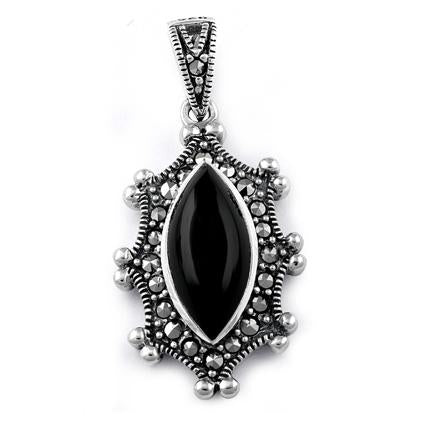 Sterling Silver Black Onyx Oval Marcasite Pendant