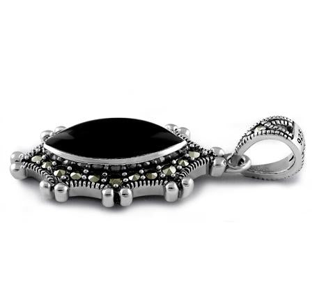 Sterling Silver Black Onyx Oval Marcasite Pendant