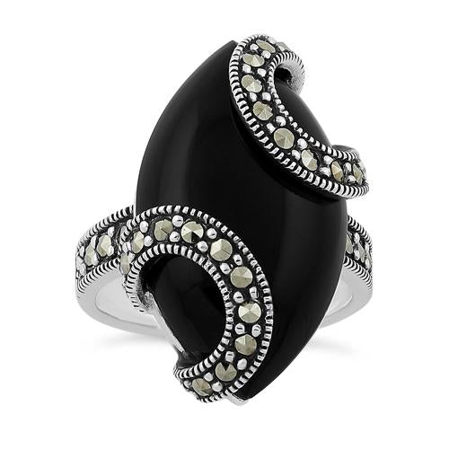 Sterling Silver Black Onyx Oval Wrap Marcasite Ring