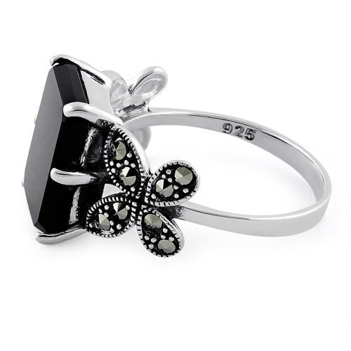 Sterling Silver Black Onyx Square Butterfly Marcasite Ring