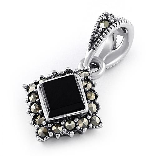 Sterling Silver Black Onyx Square Marcasite Pendant